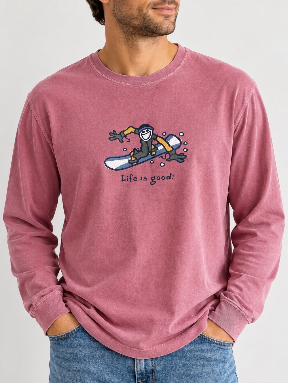 Life is Good VTG Size Large Men's Snowboard Long Sleeve Faded Tee T-Shirt Jake